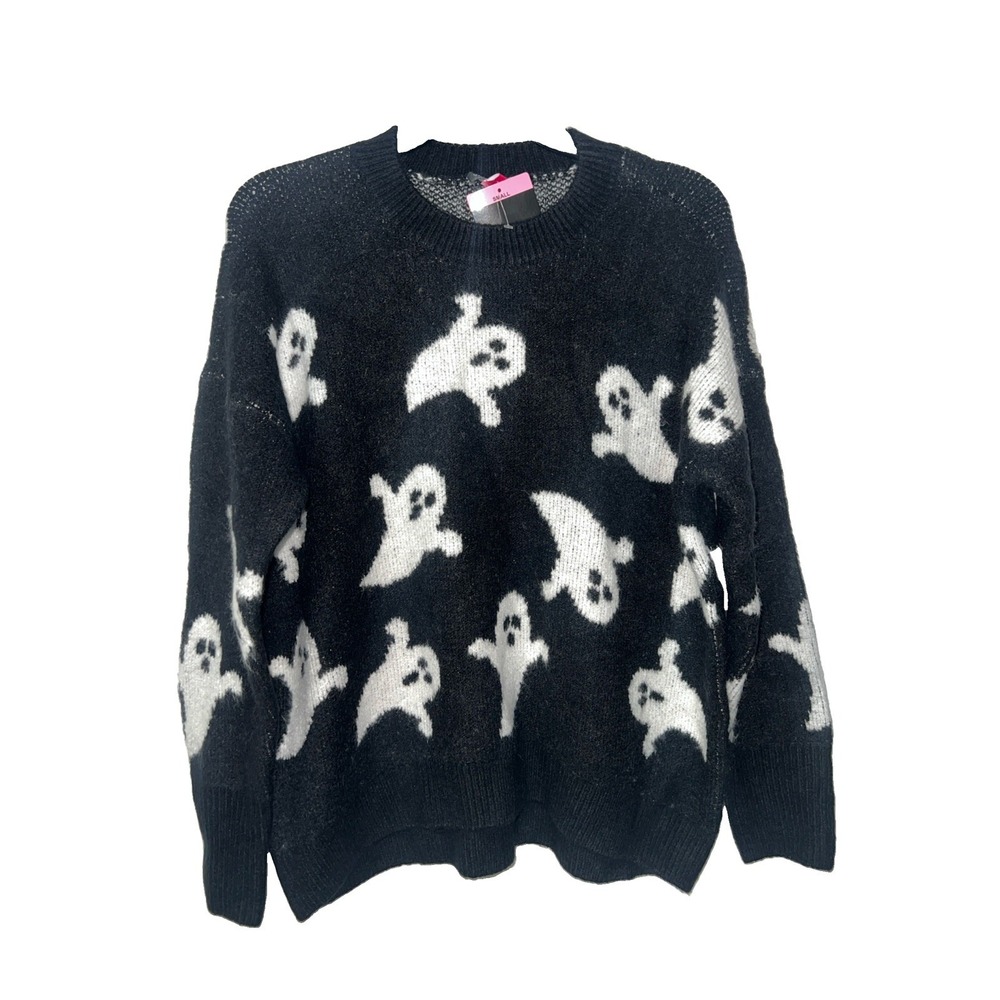 Vince Camuto AOP Ghosts Halloween Sweater Women Small Black White Crew Neck NWT